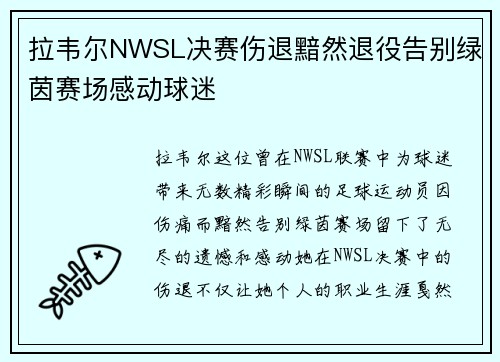 拉韦尔NWSL决赛伤退黯然退役告别绿茵赛场感动球迷 拉韦尔NWSL决赛伤退黯然退役告别绿茵赛场感动球迷